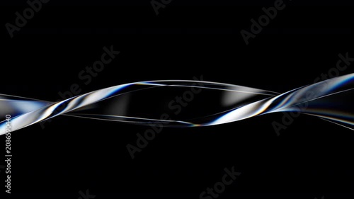 Abstract horizontal glass spiral with chromatic aberration, looping 3d animation of transparent twisting ribbon on black background. 3d rendering not AI
