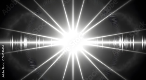 Bright white lens flare with digital audio waveform visualization on black background