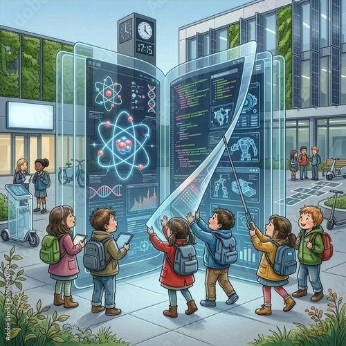 A large, enormous book stands outside the school, with small children walking around it, and a park in the background.