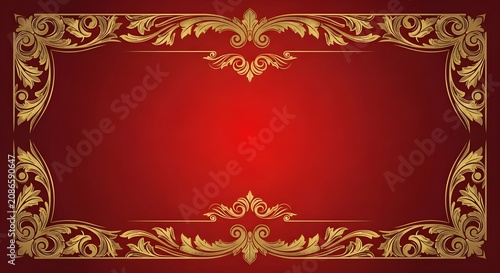 Luxurious golden floral frame on a red gradient background for elegant invitations and awards.