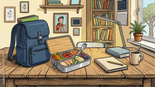Back-to-school room interior with a backpack and a box of sandwiches, in a comic book style. On the desk are a notebook, book, and mug.