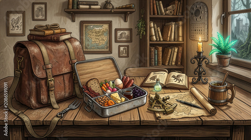 Back-to-school room interior with a backpack and a box of sandwiches, in a comic book style. On the desk are a notebook, book, and mug.