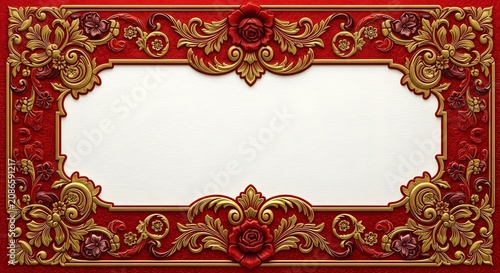 Luxurious red and gold floral frame with roses for wedding invitations or elegant card backgrounds.