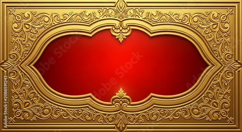 Luxurious gold decorative border with floral filigree on a rich red background for invitations