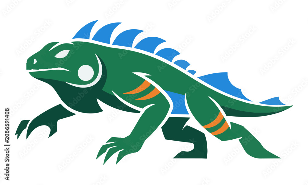 Fototapeta premium Athletic iguana mascot in a dynamic lunging pose with sleek aerodynamic curves and bold flat colors isolated on a white background sports team mascot concept