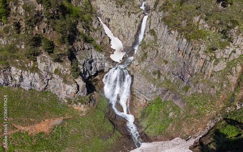 Aerial View of Bazgiret Waterfall in Savsat Artvin Turkey Flowing Through Lush Rocky Forest Landscape in the Black Sea Region