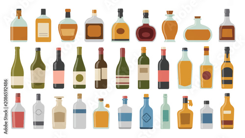 A minimalist black and white icon design showcases various liquor bottles and flasks