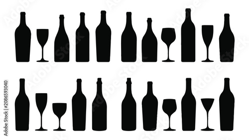 A minimalist black and white silhouette illustration of wine bottles and glasses arranged in rows on a table indoors