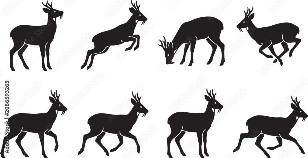 Fototapeta premium Deer silhouettes, black deer icons, wildlife graphics, vector deer set isolated on Transparent Background