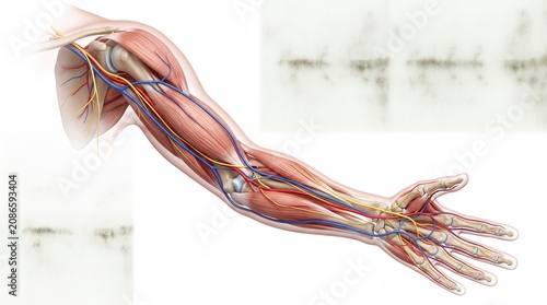 Human arm anatomical structures muscle nerve artery vein bone medical illustration detailed educational biology anatomy science