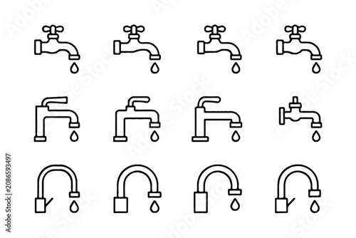 Collection of minimalist water related icons featuring various faucet designs