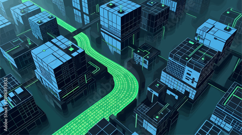 Fotografie Digital Cityscape with Colossal Sky Blue Obsidian Cubes and Vibrant Electric Gre