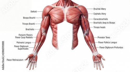 Muscular system upper body showing deltoid biceps brachii triceps brachii brachialis forearm flexors and labeled arteries and nerves anatomical illustration