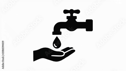 A hand receives a single water drop from a faucet in a simple setting.