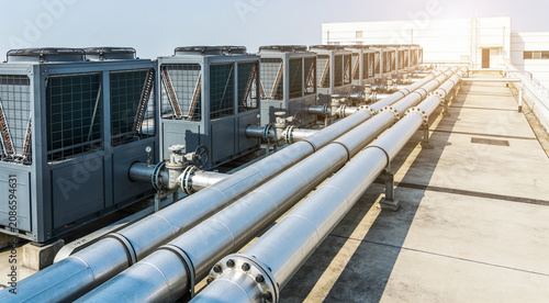 Fotografie Rooftop HVAC units and large industrial pipes on a sunny day