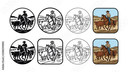 Принти на полотні Four variations of a cowboy herding cattle illustration in circular and square f