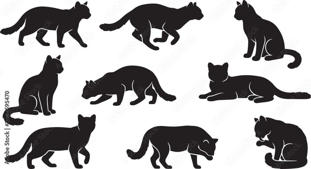 Fototapeta premium Black cat silhouettes, feline icons, cat poses, animal graphics, 8 silhouette set isolated on Transparent Background