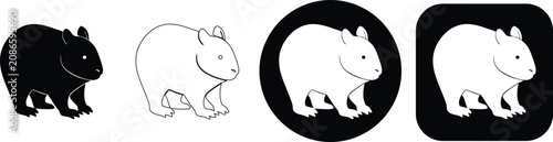Foto Wombat standing side view set, four black and white symbols of an australian mar