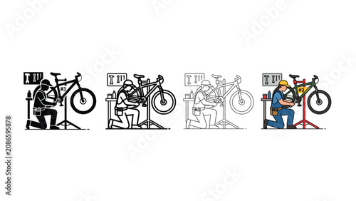 Tableau sur toile Progressive bicycle repair illustration showing stages of maintenance from disas