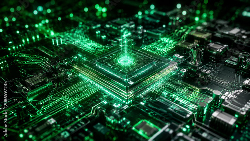 Advanced AI processor glowing on a high-performance circuit board, representing semiconductor innovation, computing power, and digital technology.