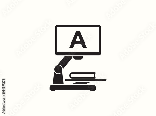 Chunky black silhouette of a high tech magnifying scanner machine for print reading