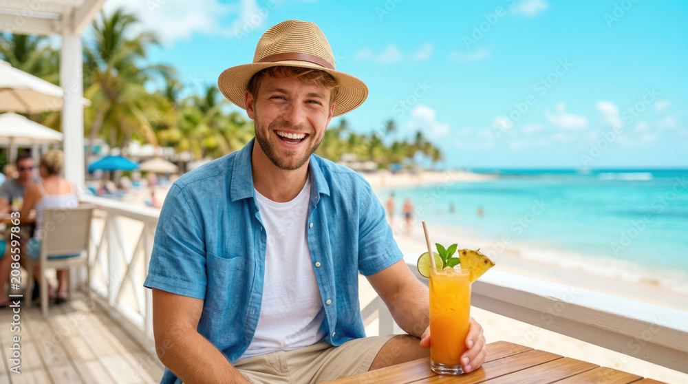 Fototapeta premium Smiling Young Tourist Relaxing with Fresh Tropical Cocktail at Sunny Beach Cafe