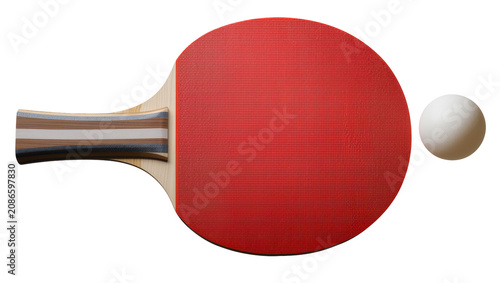 Fotografie Red ping pong paddle with striped wooden handle and white ball