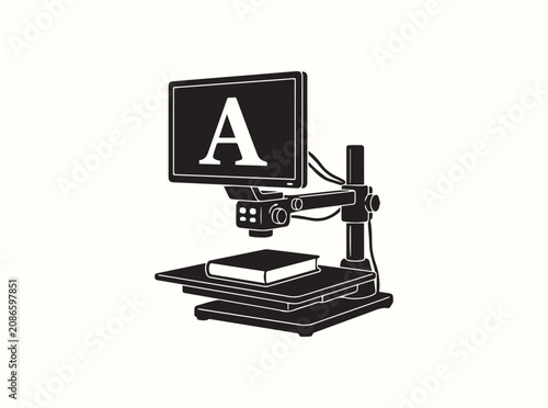 Simple black and white layout illustration of a specialized library reading magnifier station