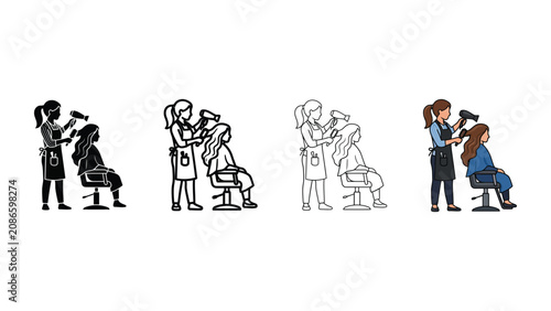Bilde på lerret Four variations of a woman getting her hair styled by a hairdresser in a black a