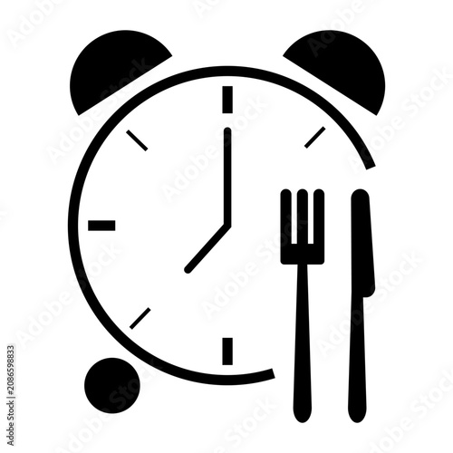 Canvastavla Lunch time alarm clock black vector icon features fork and knife