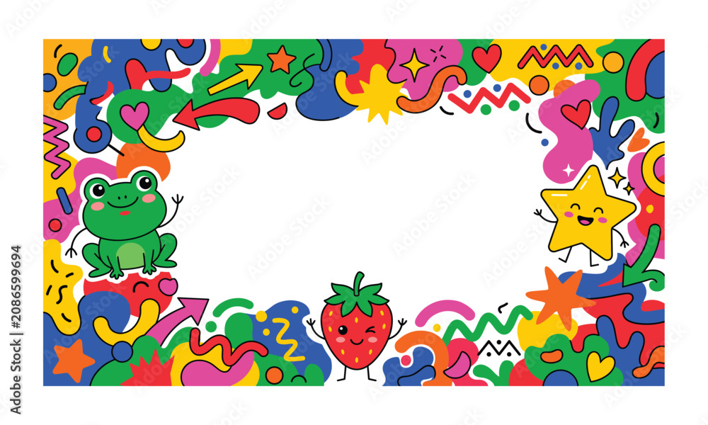 Obraz premium Colorful, abstract, cartoon doodle border frame featuring cute frog, strawberry, and star characters, with white empty copy space inside background.