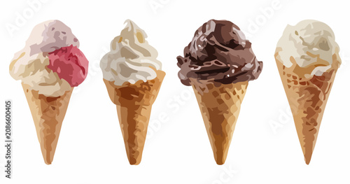 Photography Four ice cream cones with different flavors are placed side by side