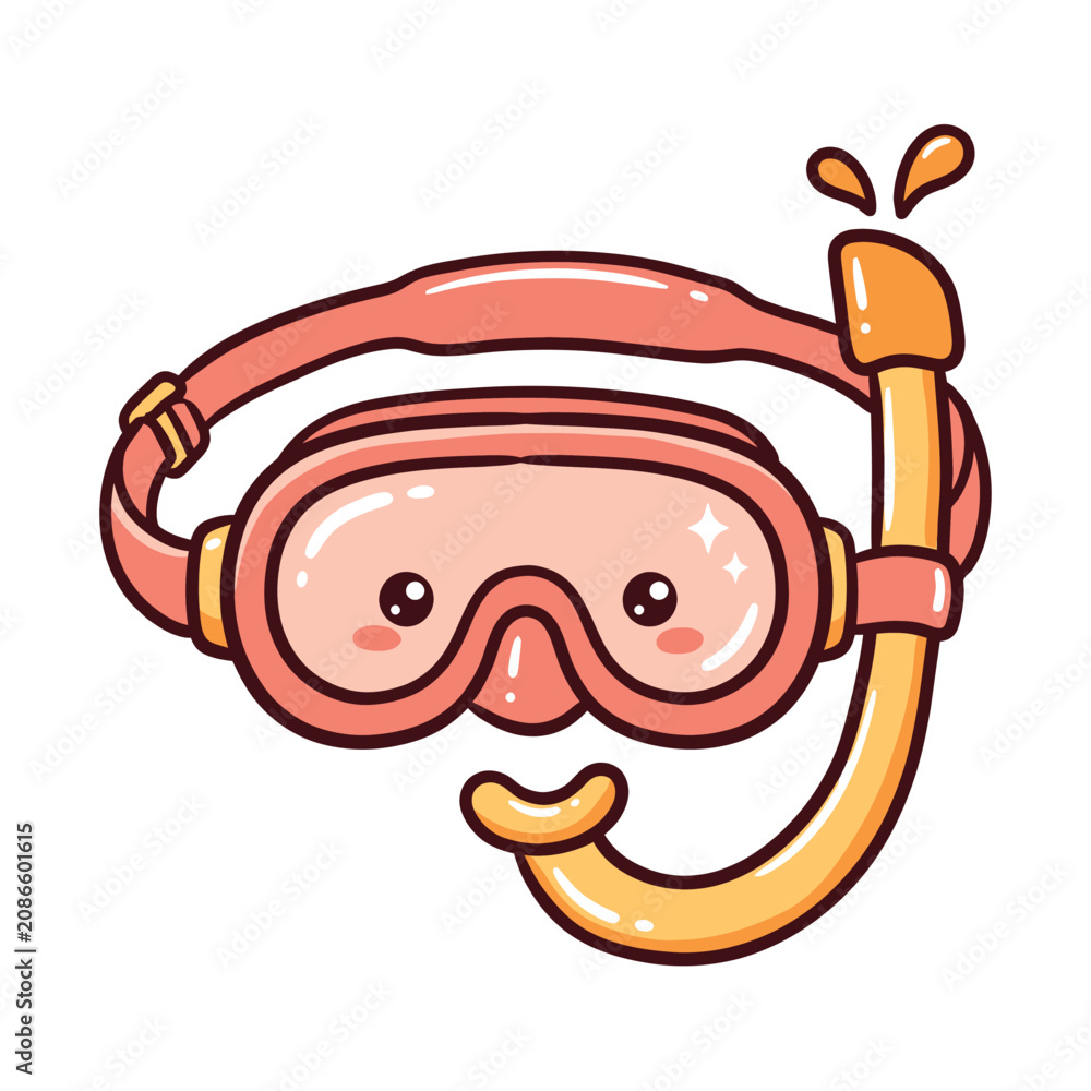 Obraz premium Cute coral snorkeling mask with eyes and splashes around while diving underwater for summer fun