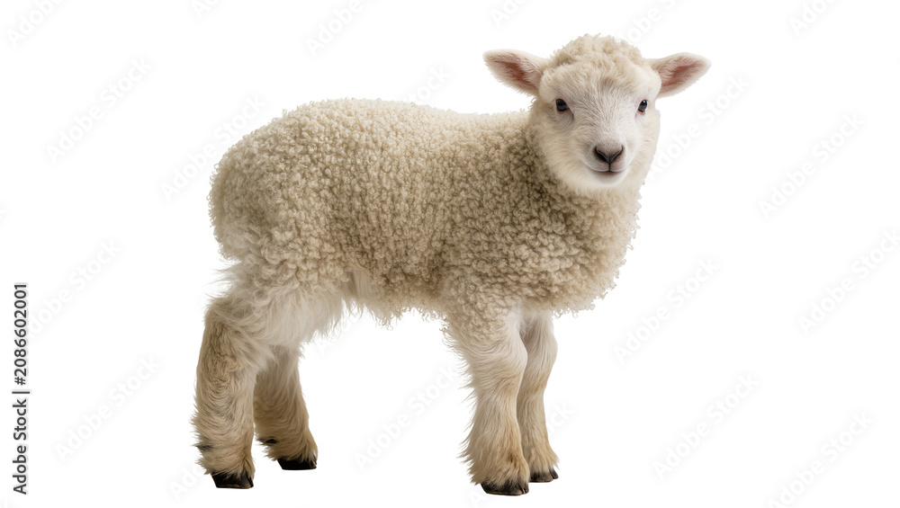 Fototapeta premium Young fluffy white lamb standing on white
