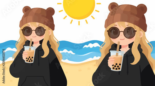 Tableau sur toile Cute Anime Girl with Blonde Hair Wearing Bear Beanie and Sunglasses, Drinking Bu