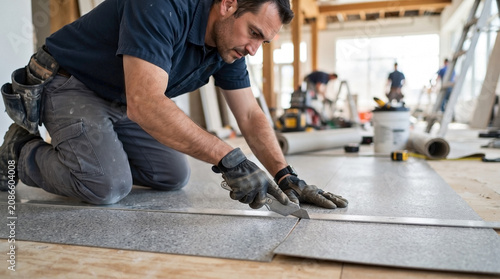 Professional man cutting linoleum with precision knife on new flooring project. Experienced worker carefully installs linoleum flooring during home renovation.