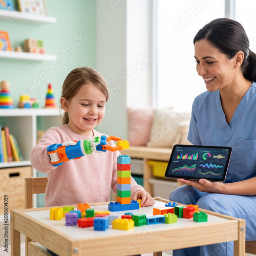 Smiling young girl wearing colorful robotic hand therapy device stacking building blocks while female nurse monitors progress data on tablet in bright cheerful pediatric rehabilitation room.