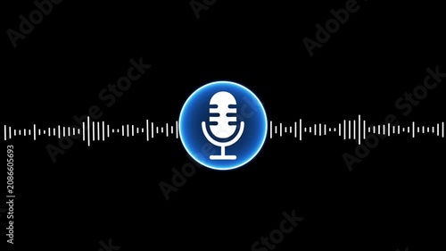 Animated microphone with pulsing audio waveform, digital voice recognition and sound visualization concept