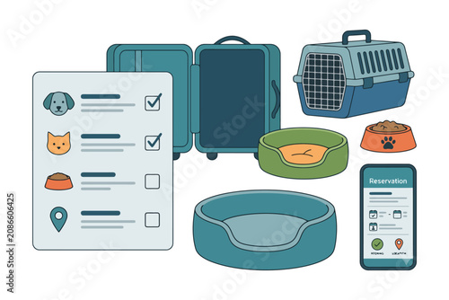 Pet travel preparation kit with carriers, bowls, beds, and travel checklist.