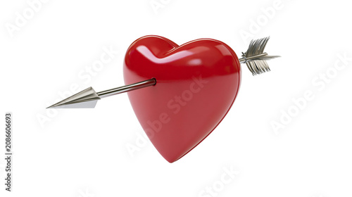 Fotografía Shiny red heart pierced by a metallic arrow, isolated on transparent background