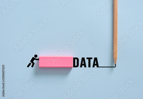 Stick figure erasing data with a pink eraser from a light blue surface