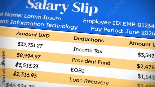 Salary slip template for employee, with detailed earnings and deductions, concept design backdrop