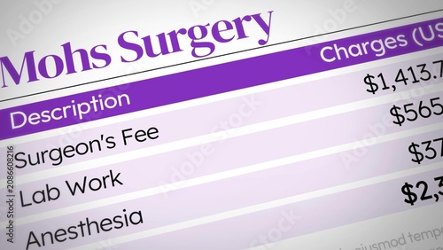 Medical billing chart for Mohs surgery, featuring surgeon fees, lab work, and anesthesia charges, backdrop