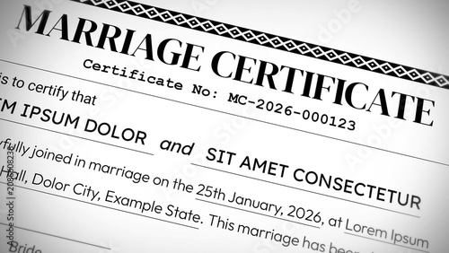 Black and white marriage certificate, featuring sample text as data, top view backdrop