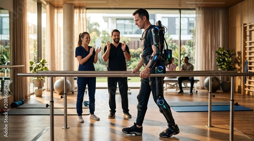 Male patient wearing advanced robotic exoskeleton suit with glowing blue lights walking between parallel bars while two smiling physiotherapists applaud during rehabilitation session indoors.