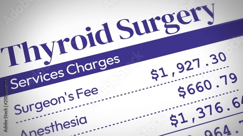 Detailed medical bill showing thyroid surgery costs, surgeon fees, and anesthesia charges
