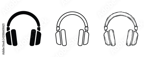Headset and headphones icon set. Three different design styles.