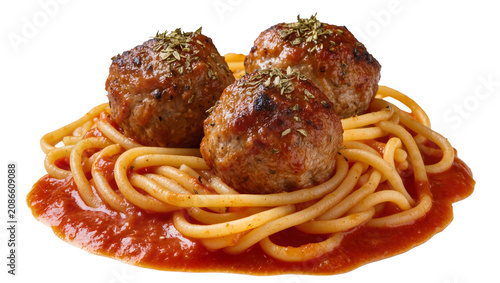 Canvastavla Spaghetti with three beef meatballs in tomato sauce and herbs