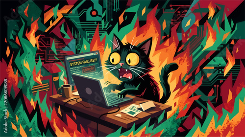 Bild auf Leinwand Black Cat With Wide Eyes Frantically Typing on Laptop Amidst System Failure and
