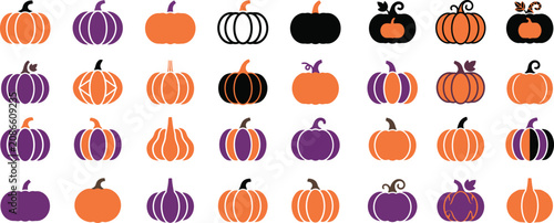 Halloween Pumpkin Vector Set with Diverse Autumn Flat Elements